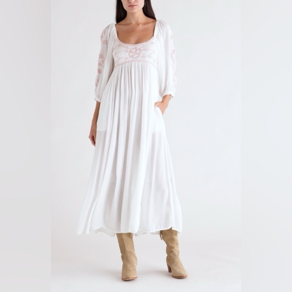 Free People White and Pink Long Sleeve Dress